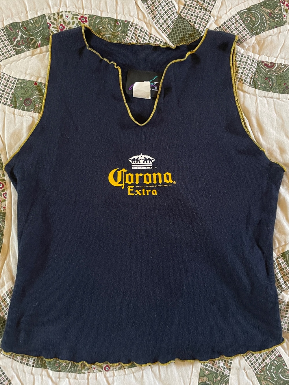 Vintage Corona Extra Navy Cropped Tank Top with Yellow Lettuce Hem Large Summer